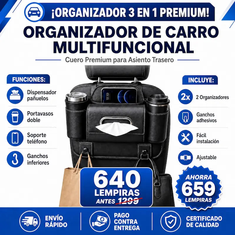 Amazon AutoSpace Pro 3 en 1 – Organizador en Cuero  Premium para Asiento Trasero Certificado y con Garantia