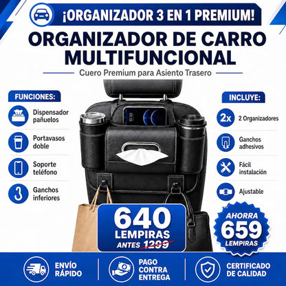 Amazon AutoSpace Pro 3 en 1 – Organizador en Cuero  Premium para Asiento Trasero Certificado y con Garantia