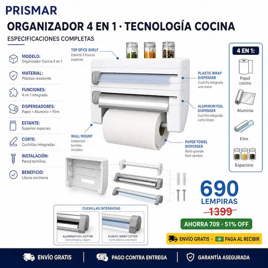 🧻 Organizador de Cocina 4 en 1 — ¡Papel, Aluminio, Film y Especias en un Solo Lugar!