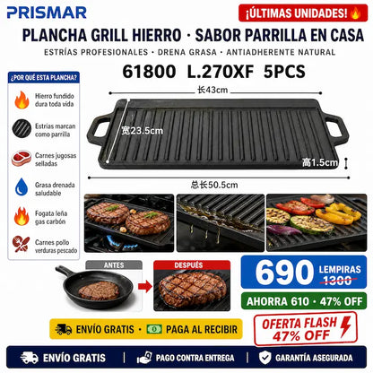 🔥 Plancha Grill de Hierro Fundido — ¡Cocinás como Parrillero Profesional en Casa!