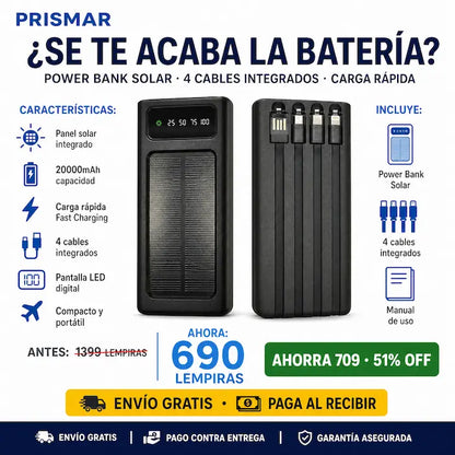 🔋☀️ Power Bank Solar 20,000mAh — 4 Cables Integrados | Carga Rápida | Pantalla LED | Envío Gratis 🚀⚡