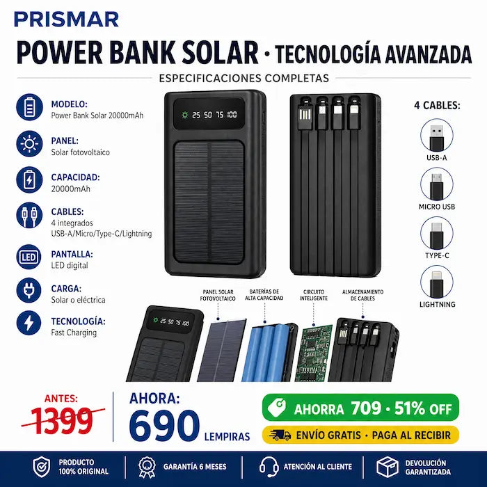 🔋☀️ Power Bank Solar 20,000mAh — 4 Cables Integrados | Carga Rápida | Pantalla LED | Envío Gratis 🚀⚡