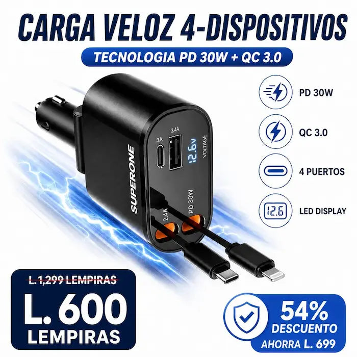AutoCharge Pro 4-en-1 – Cargador Retráctil Inteligente para Auto