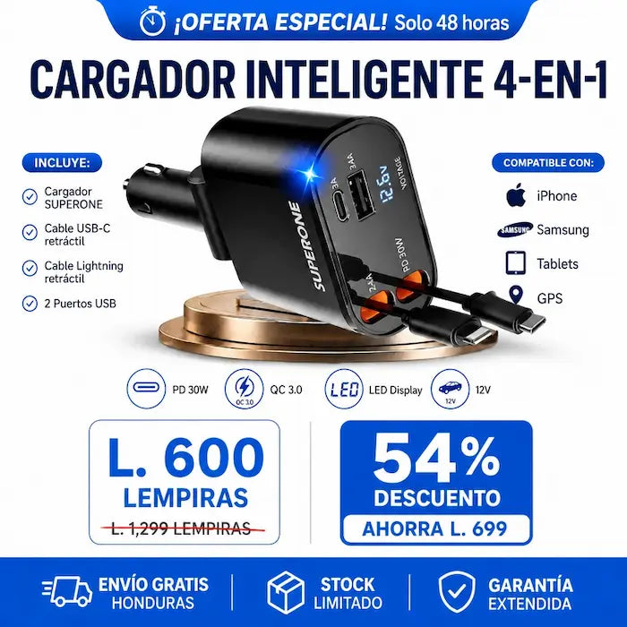 AutoCharge Pro 4-en-1 – Cargador Retráctil Inteligente para Auto