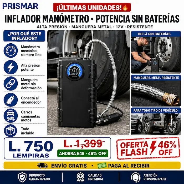 🚗🔵 Bomba de Aire de Alta Presión con Manómetro Mecánico — Sin Baterías | Manguera Metálica | Para Camionetas y 4x4 💪🛞