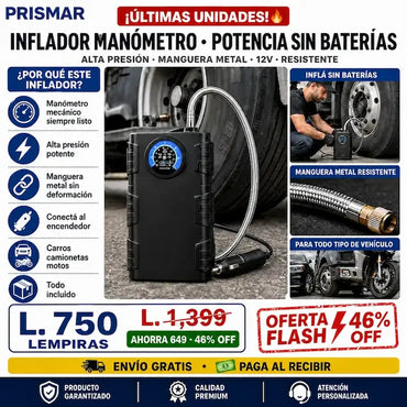 🚗🔵 Bomba de Aire de Alta Presión con Manómetro Mecánico — Sin Baterías | Manguera Metálica | Para Camionetas y 4x4 💪🛞