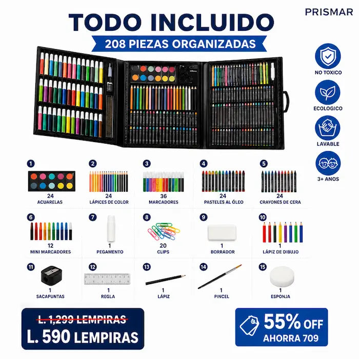 Set de Arte 208 Piezas para Niños — Lápices · Marcadores · Acuarelas · No Tóxico