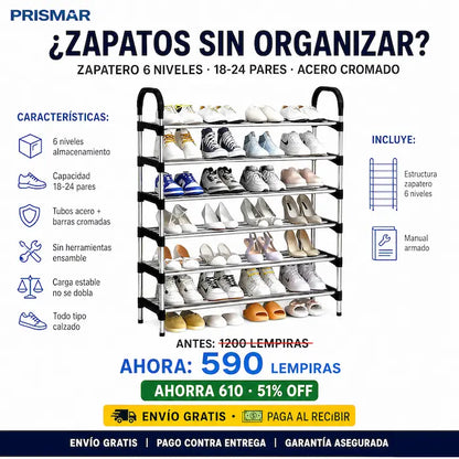 👟🏠 Zapatera Metálica 6 Niveles | Hasta 24 Pares • Armada en 15 Min • Sin Herramientas ⚡✅