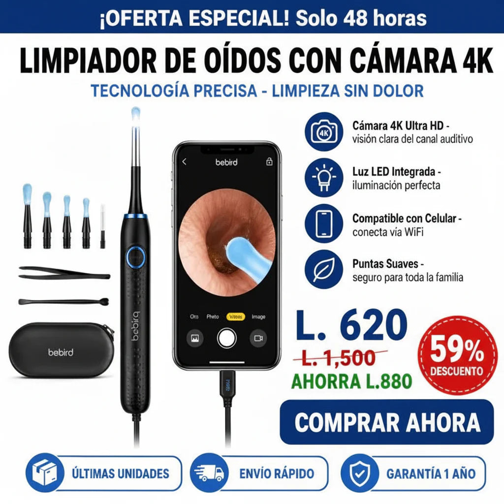 LIMPIADOR DE OÍDOS CON CÁMARA 4K Y LUZ LED GARANTÍA Y CERTIFICACIÓN